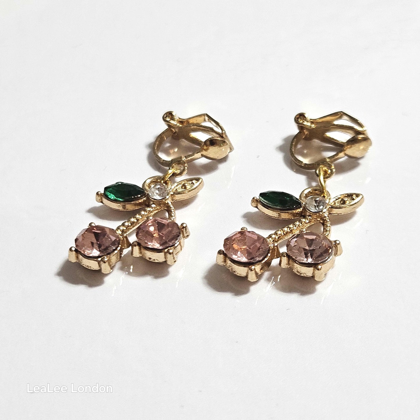 Gold Cherry Clip On Earrings, Sparkly Crystal Fruit Dangles, No Pierce Jewelry for Women, Cute Pink Blue Purple Cherry Drop Earrings