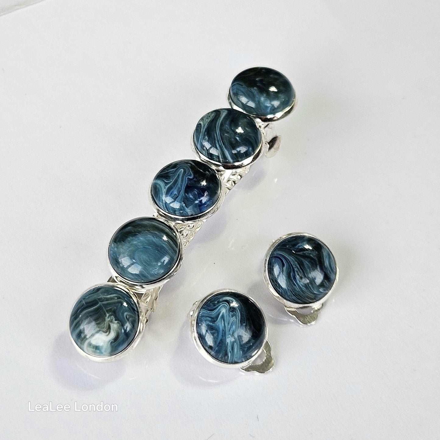 Marble Resin Hair Clip & Earring Set | Blue Green Cabochon | French Barrette | Clip-On Earrings | Handmade Silver Jewellery