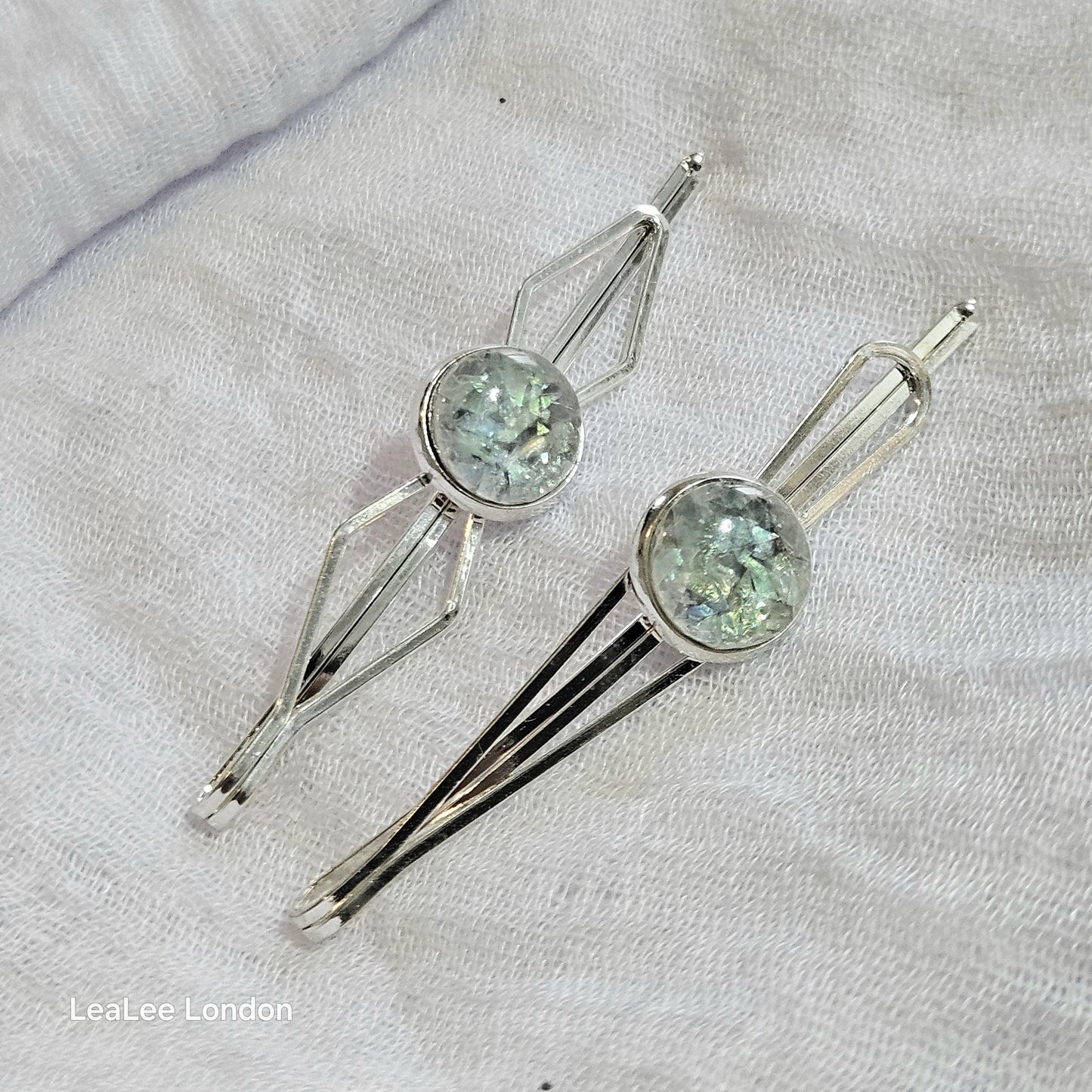 Iridescent Cabochon Hair Slides: Silver Hair Pins (Set of 2)