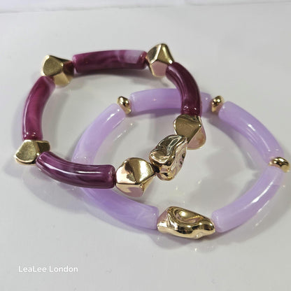 Elastic beaded bangle Bracelet, 2 set Gold detail Bracelet for women, Purple pink and gold bracelet set