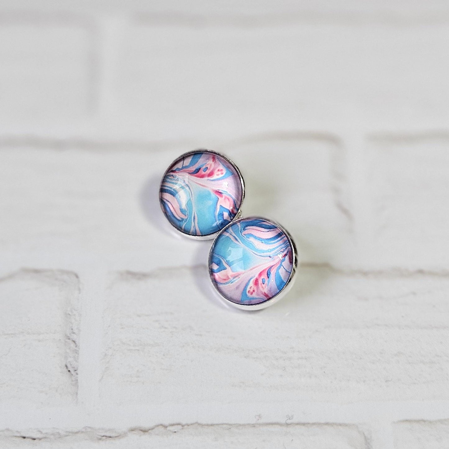 Pink & Blue Patterned Clip-On Earrings – 16mm Cabochon | Non-Pierced | Hypoallergenic
