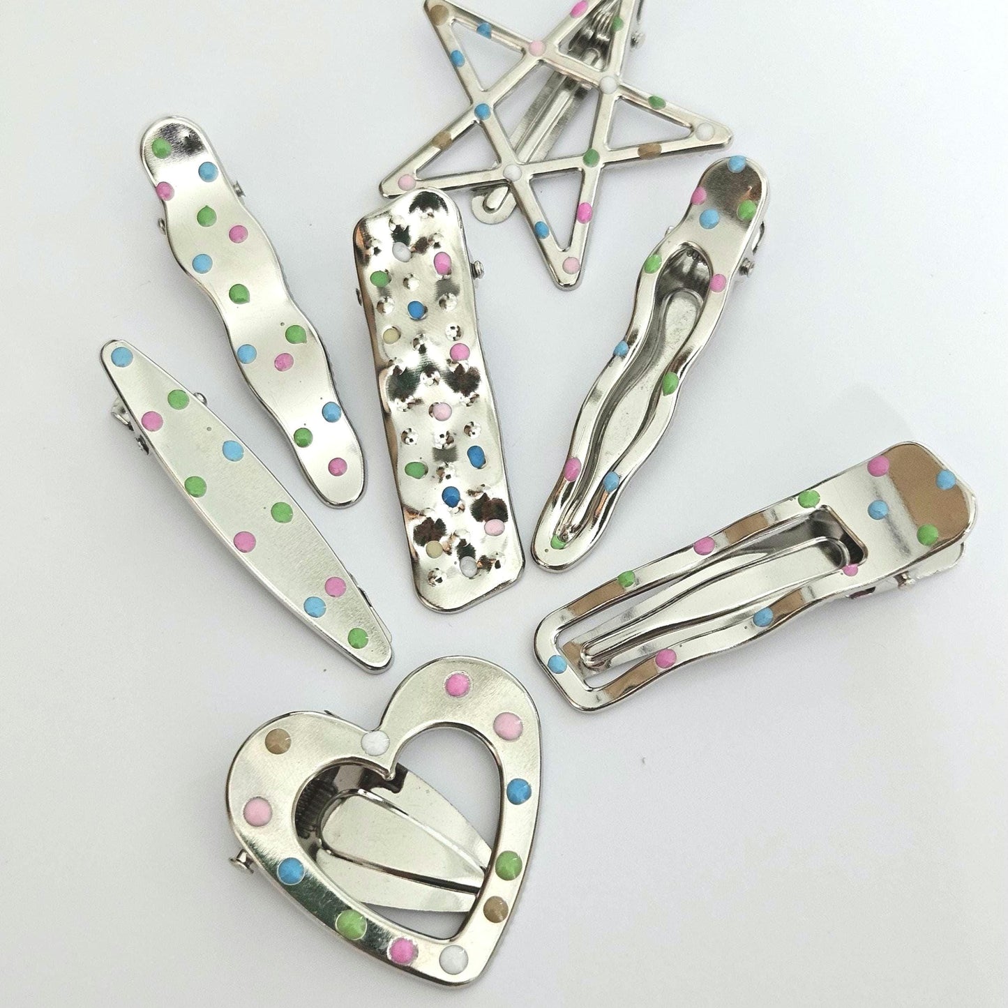 Polka Dot Snap Hair Clips | Set of 7 | Mixed Styles & Sizes | Lightweight Hair Clips for Women & Girls | Silver Tone