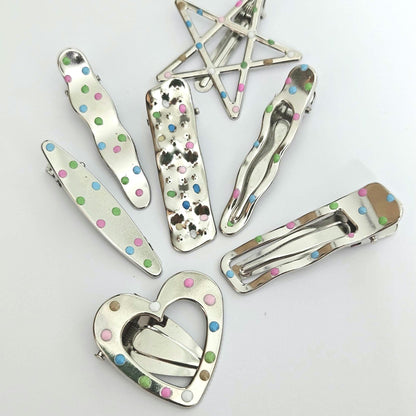 Polka Dot Snap Hair Clips | Set of 7 | Mixed Styles & Sizes | Lightweight Hair Clips for Women & Girls | Silver Tone