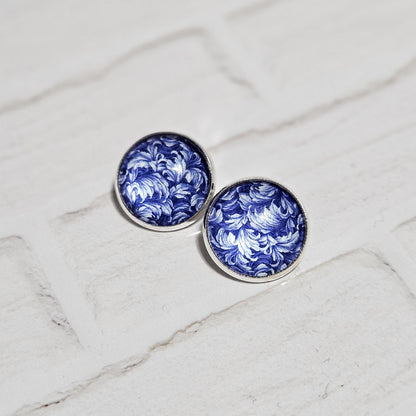 Blue Floral Clip On Earrings, Silver Tone Cabochon, Non Pierced