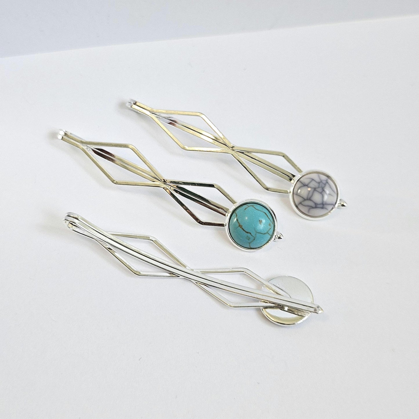Decorative bobby pins Hair Slides: Colorful Cabochon Bobby Pins, Silver Tone (Set of 3)