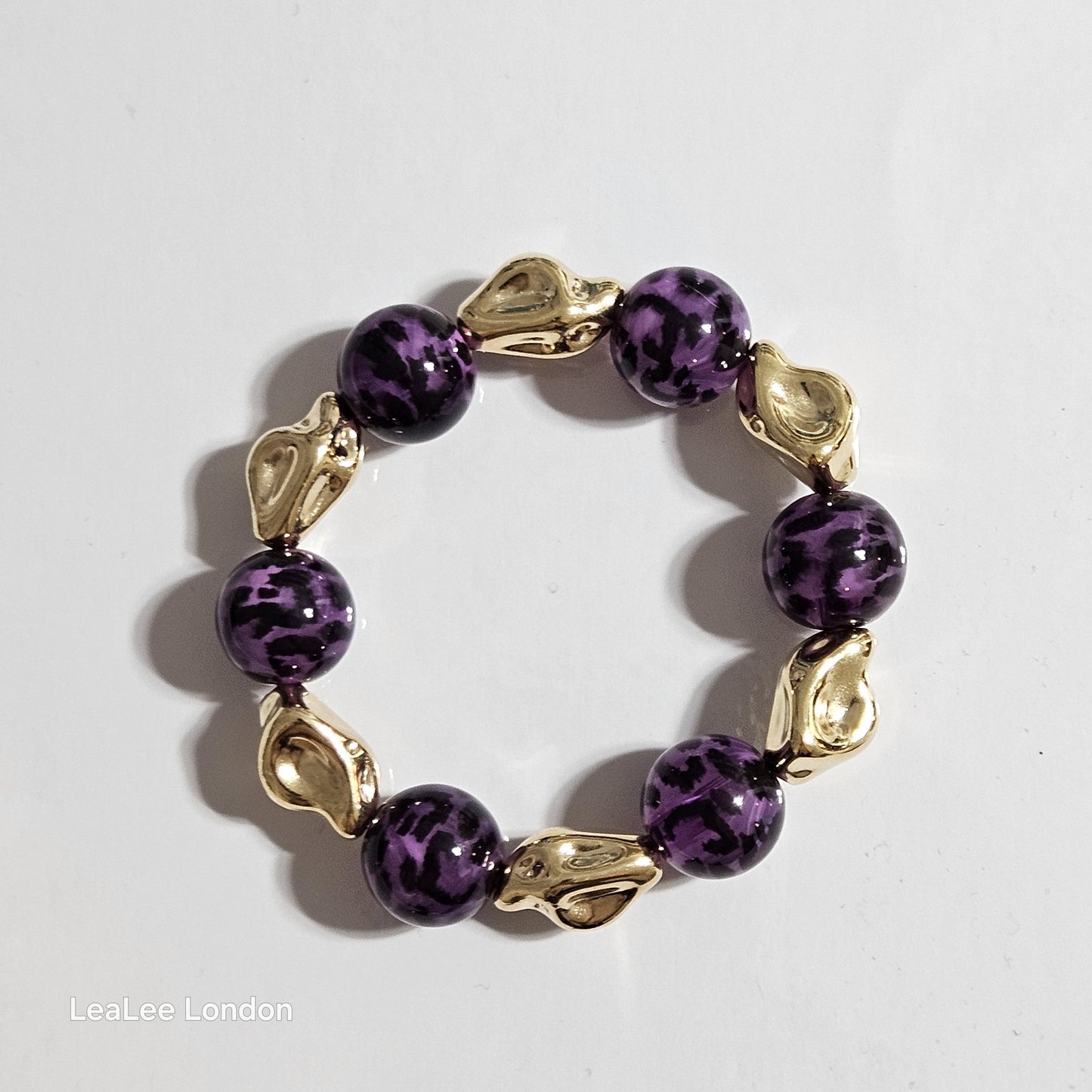 Handmade Cheetah Print Bracelet for Women – Chunky Elastic Beaded Bracelet with Gold Detail, UK Jewellery Gift