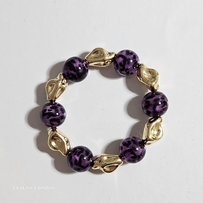 Handmade Cheetah Print Bracelet for Women – Chunky Elastic Beaded Bracelet with Gold Detail, UK Jewellery Gift