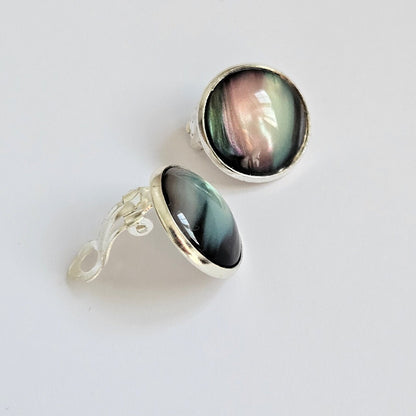 Black Aurora Clip-On Earrings | Handmade 16mm Cabochon | Non-Pierced Statement Earrings | Silver Tone