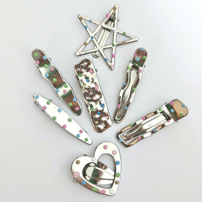 Polka Dot Snap Hair Clips | Set of 7 | Mixed Styles & Sizes | Lightweight Hair Clips for Women & Girls | Silver Tone