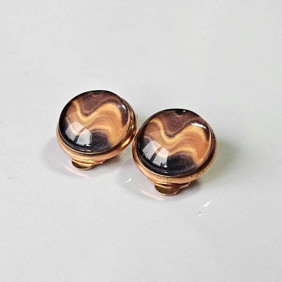 Brown Boho Clip-On Earrings – 12mm Cabochon | Non-Pierced | Handmade UK