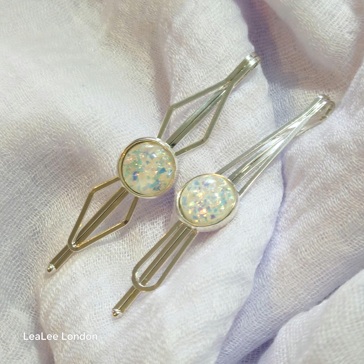 Black Bobby Pin Set of 2, Handmade Iridescent Cabochon Hair Accessory, Minimal Hair Accessory