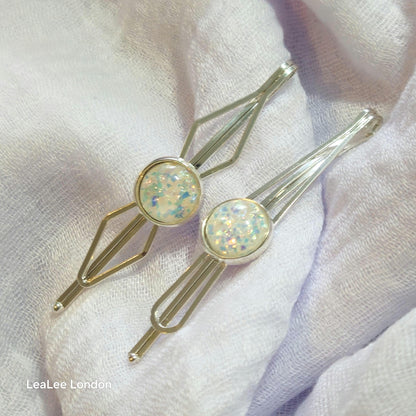Black Bobby Pin Set of 2, Handmade Iridescent Cabochon Hair Accessory, Minimal Hair Accessory