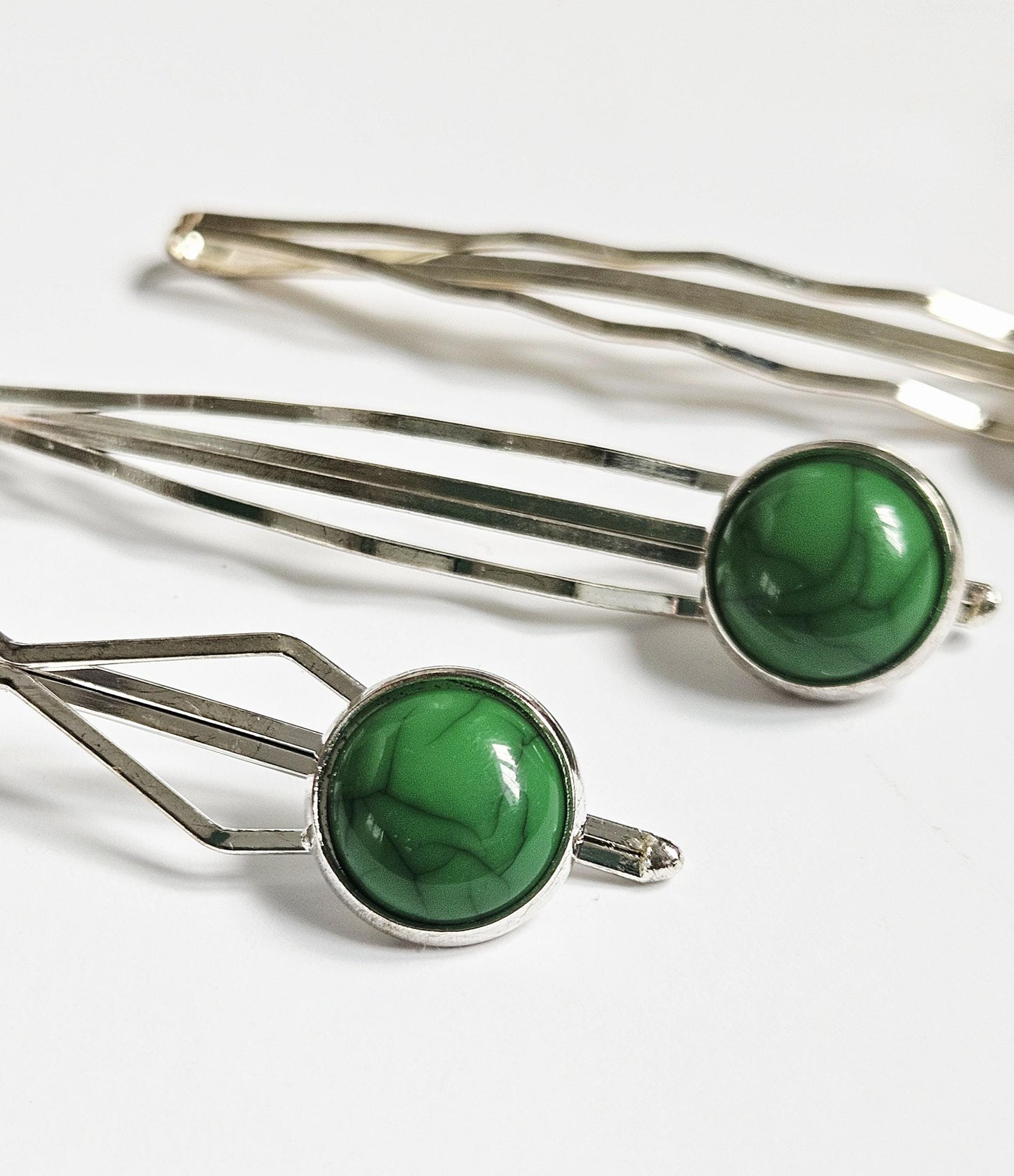 Dark Green Cabochon Bobby Pins: Silver Hair Slides, Women's Hair Accessories