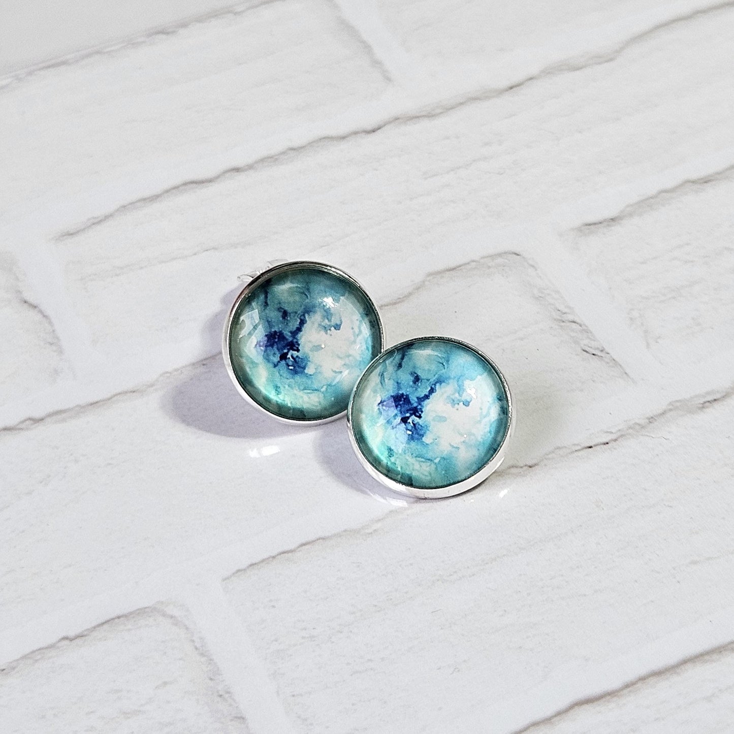 Blue Watercolour Clip-On Earrings – 16mm Cabochon | Non-Pierced | Hypoallergenic