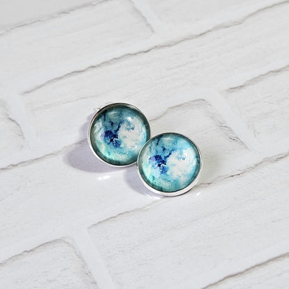 Blue Watercolour Clip-On Earrings – 16mm Cabochon | Non-Pierced | Hypoallergenic