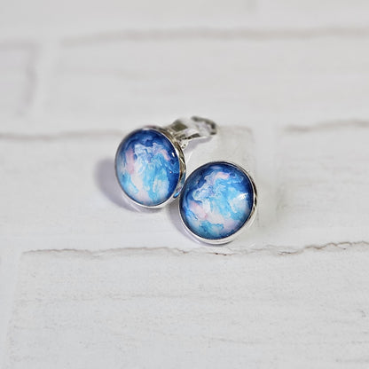 Blue Watercolour Silver Clip On Earrings, Non Pierced Stud Earrings, Handmade Cabochon, Lightweight Statement Jewellery