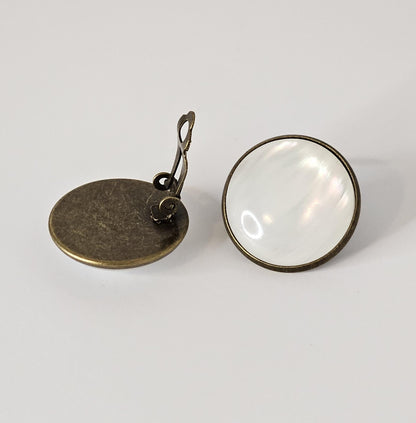 White Round Clip On Earrings: Bronze Tone, Non Piercing