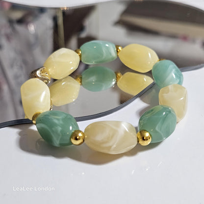 Boho Green Elastic Beaded Bracelet, Chunky Stacking Jewellery for women