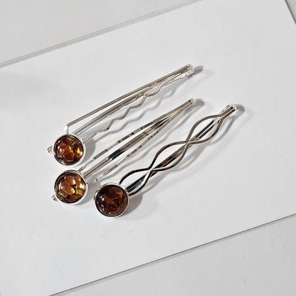 Silver Bobby Pin Set of 3, iridescent Cabochon Hair Pins, Minimal Hair Accessories