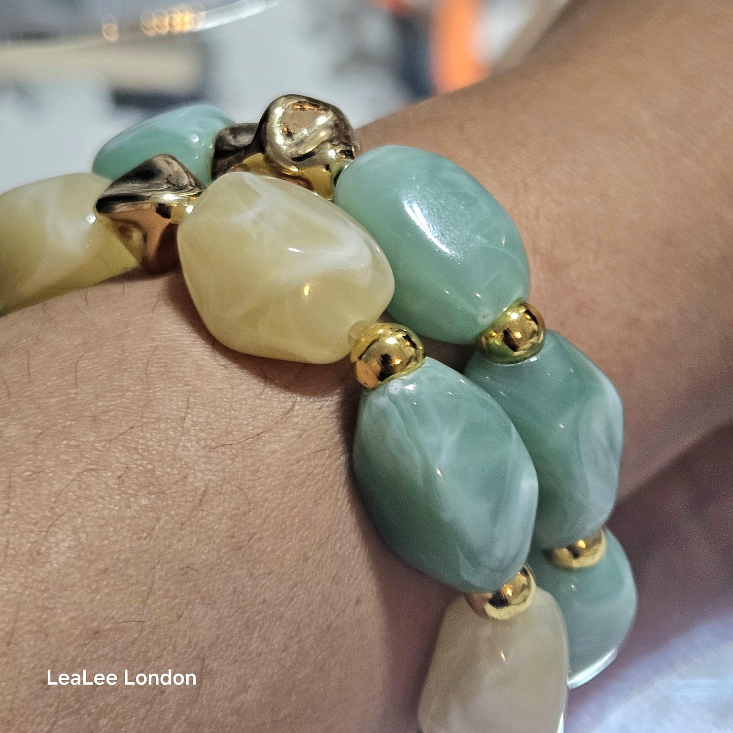 Boho Green Elastic Beaded Bracelet, Chunky Stacking Jewellery for women