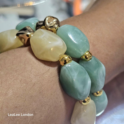 Boho Green Elastic Beaded Bracelet, Chunky Stacking Jewellery for women