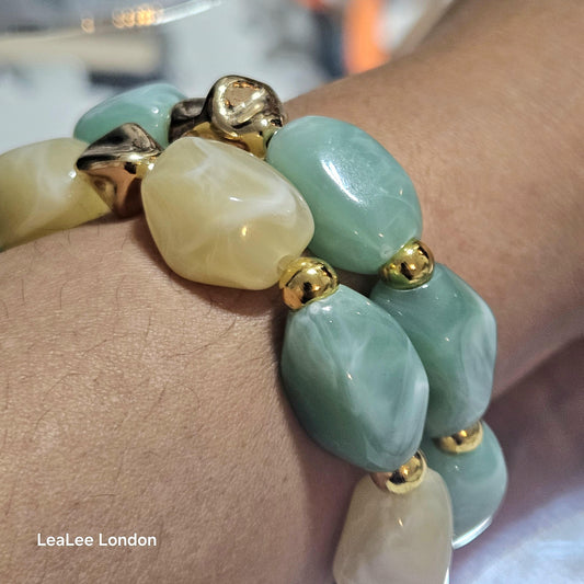Boho Green Elastic Beaded Bracelet, Chunky Stacking Jewellery for women