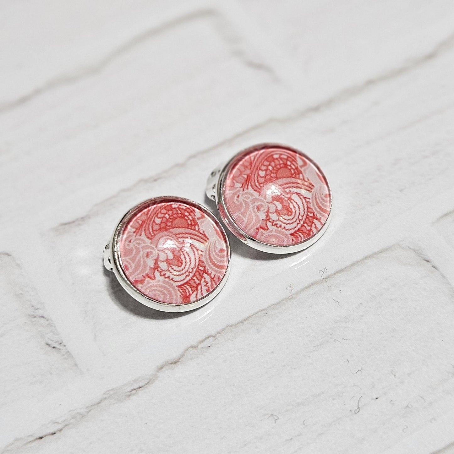 Red Cabochon Clip-On Earrings | Silver Tone Huggie Style | Non-Pierced