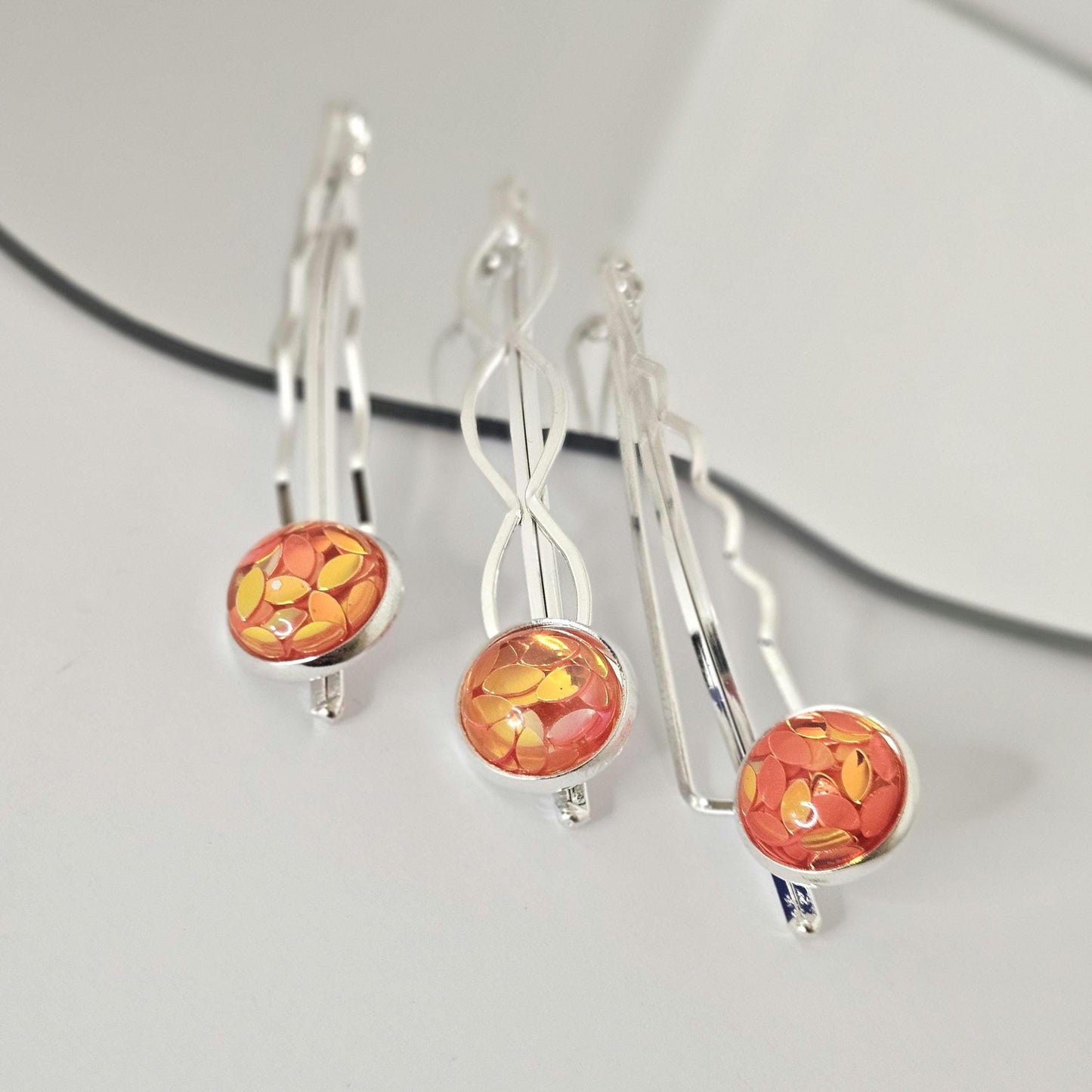 Iridescent Cabochon Bobby Pins: Silver Hair Slides for Thick Hair, set of 3