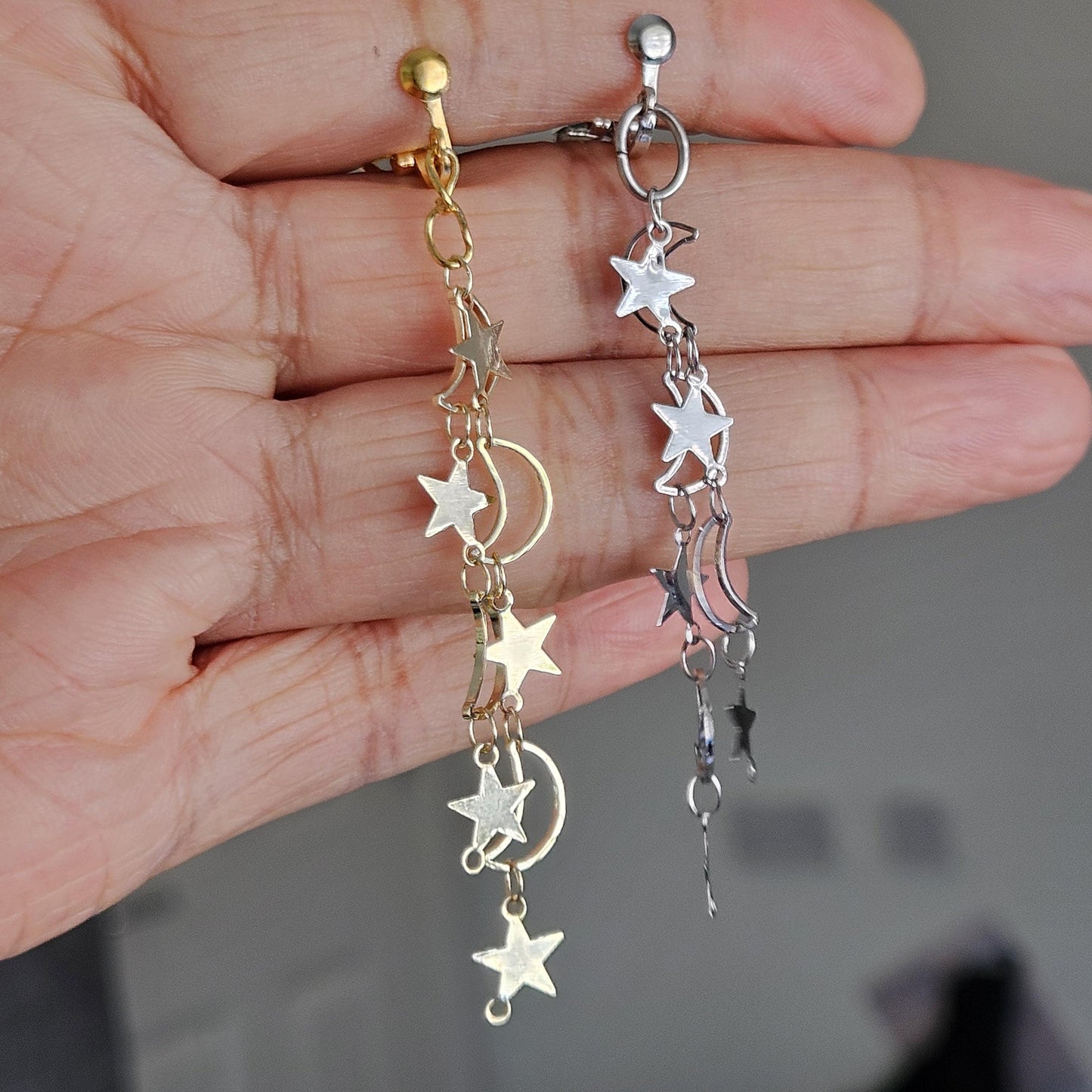 Celestial Clip On Earrings, Moon and Star Dangle, No Pierce