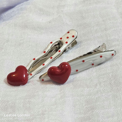 Red Polka Dot Heart Hair Clips: Silver Snap Clip Set