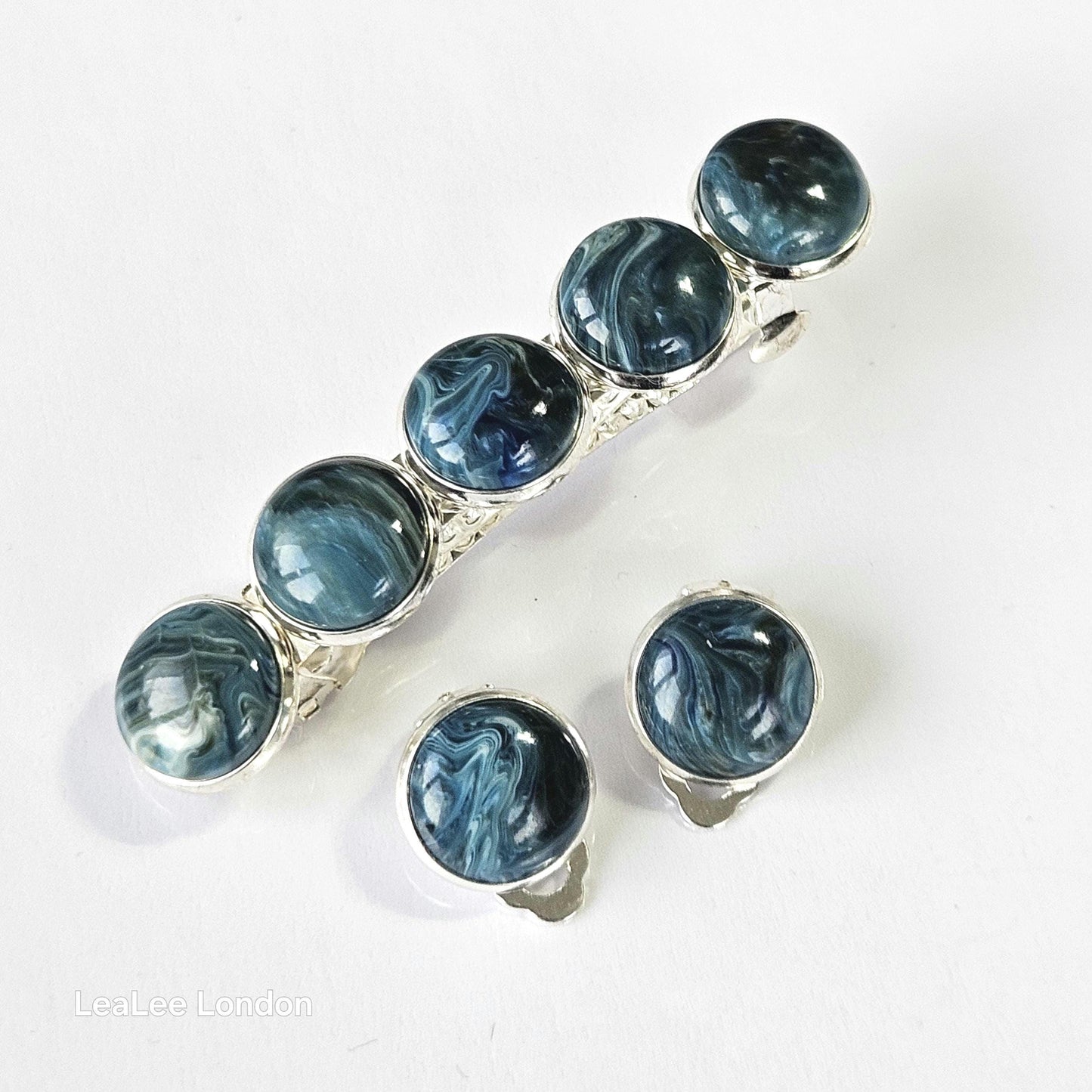 Marble Resin Hair Clip & Earring Set | Blue Green Cabochon | French Barrette | Clip-On Earrings | Handmade Silver Jewellery