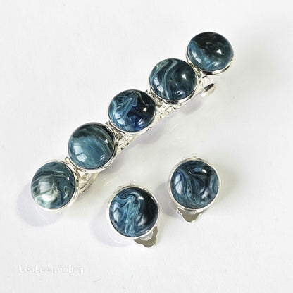 Marble Resin Hair Clip & Earring Set | Blue Green Cabochon | French Barrette | Clip-On Earrings | Handmade Silver Jewellery