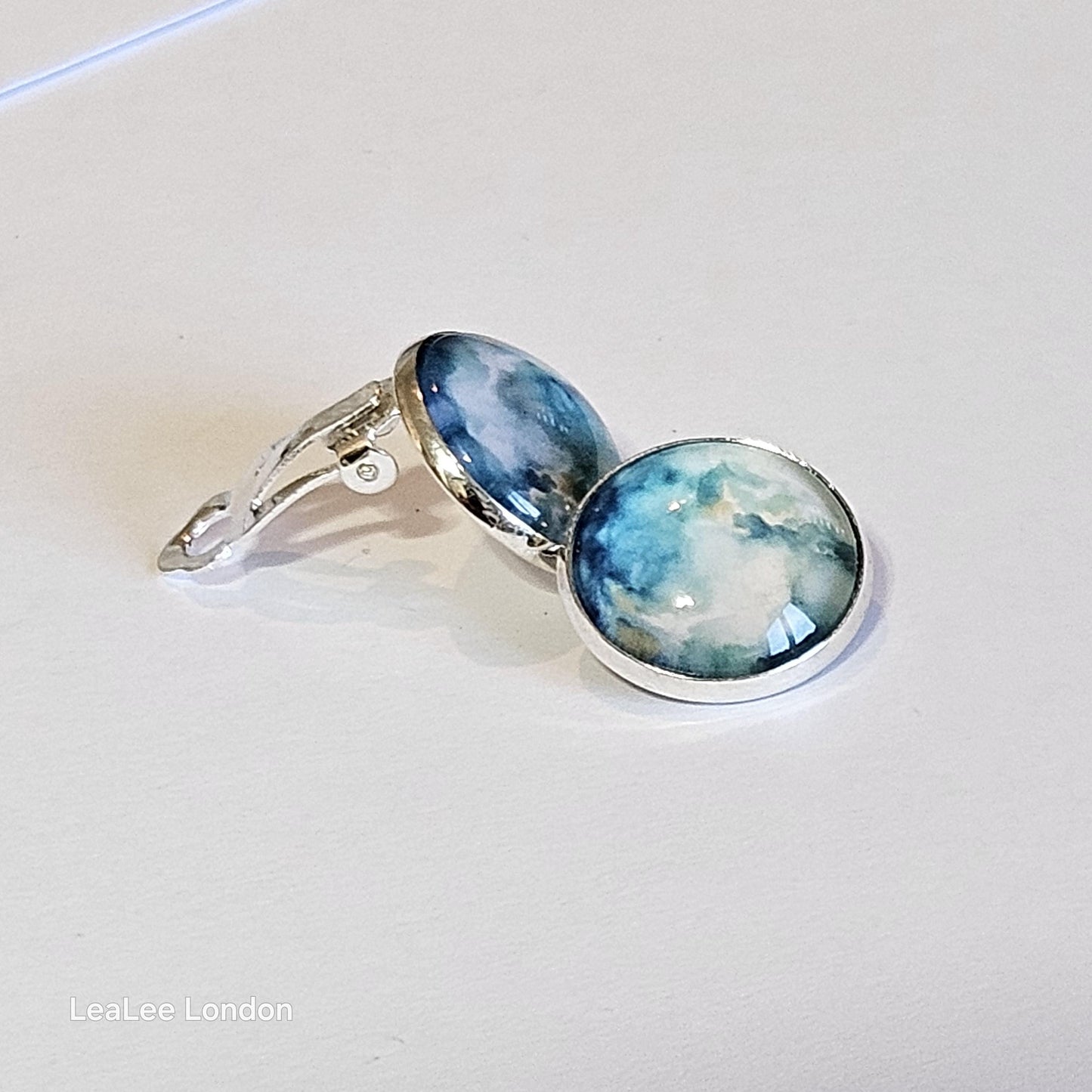 Blue Watercolor Clip On Earrings: Silver Tone, Non Pierced