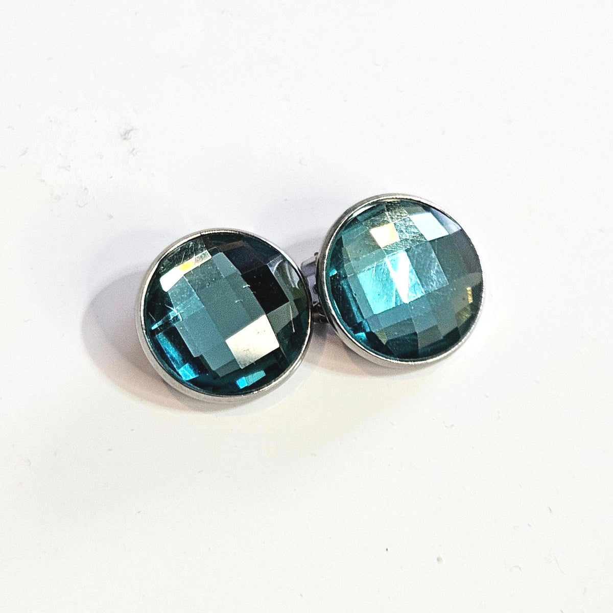 Sapphire Blue Glass Clip-On Earrings in Dark Silver Tone