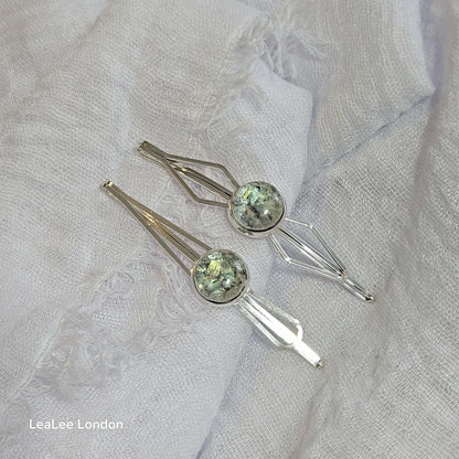 Iridescent Cabochon Hair Slides: Silver Hair Pins (Set of 2)