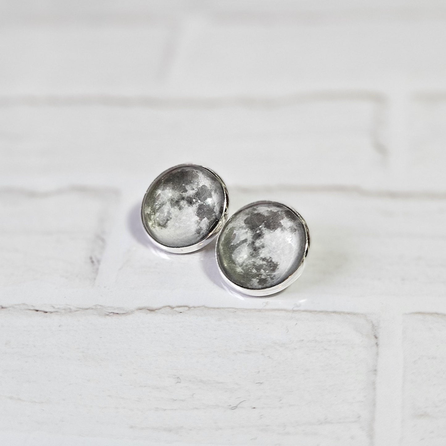Realistic Full Moon Clip On Earrings, Silver Hinged Back Studs, Comfortable Firm Fit No Pierce Jewelry, Celestial Lunar Gift for Space Lover