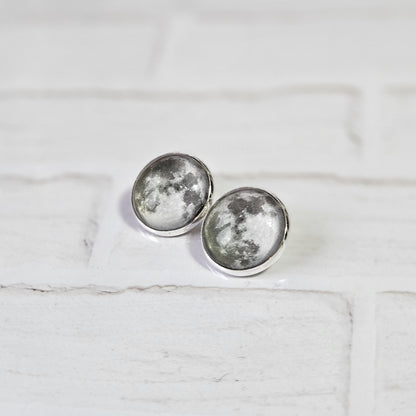 Realistic Full Moon Clip On Earrings, Silver Hinged Back Studs, Comfortable Firm Fit No Pierce Jewelry, Celestial Lunar Gift for Space Lover
