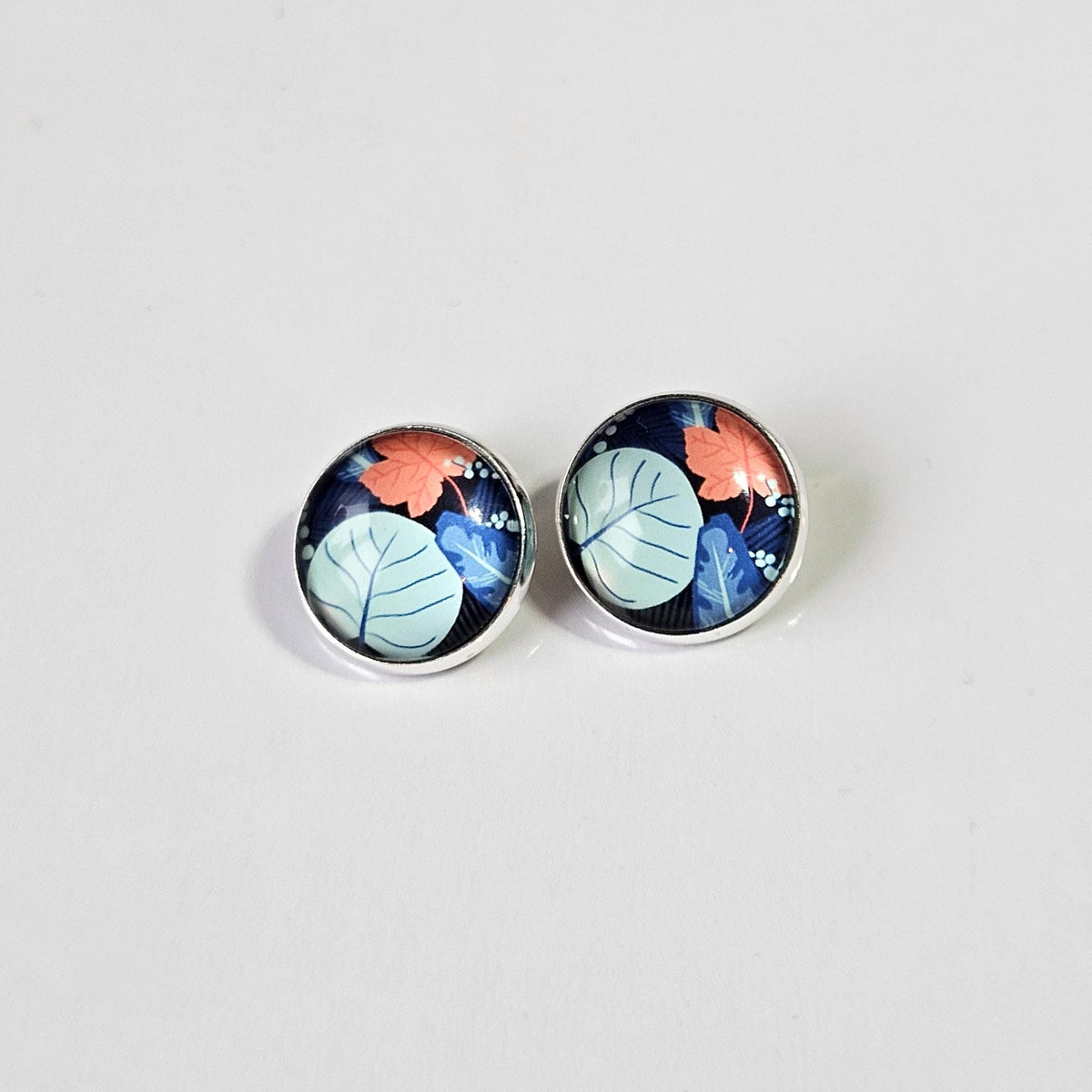 Blue Floral Clip-On Earrings | Silver Tone Cabochon, Non-Pierced