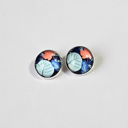 Blue Floral Clip-On Earrings | Silver Tone Cabochon, Non-Pierced