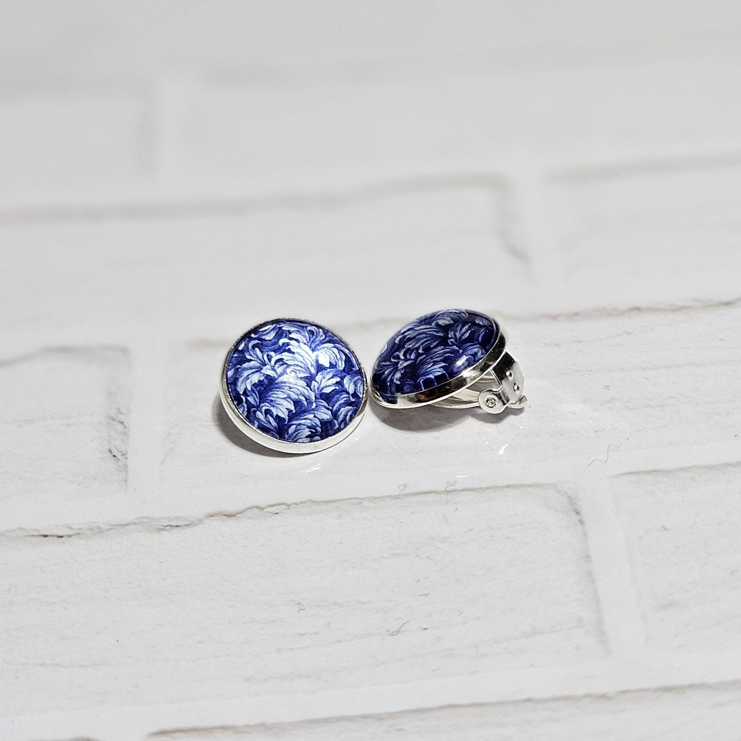 Blue Floral Clip On Earrings, Silver Tone Cabochon, Non Pierced