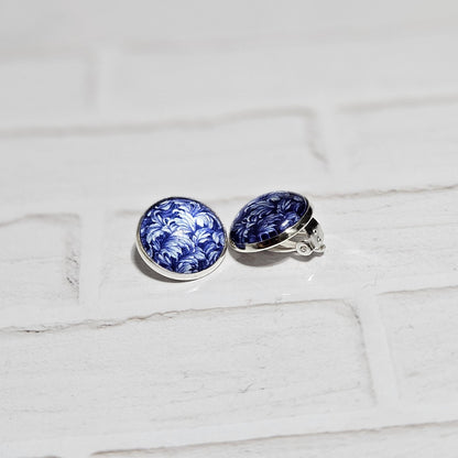 Blue Floral Clip On Earrings, Silver Tone Cabochon, Non Pierced