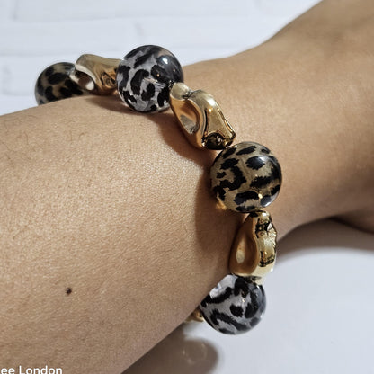 Handmade Cheetah Print Bracelet for Women – Chunky Elastic Beaded Bracelet with Gold Detail, UK Jewellery Gift