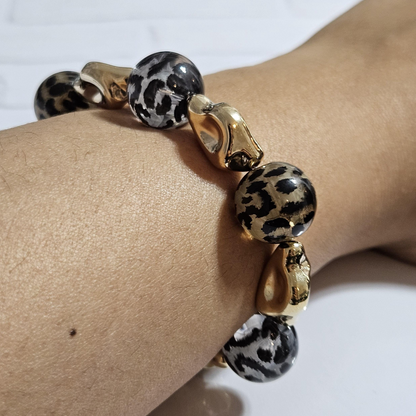Handmade Cheetah Print Bracelet for Women – Chunky Elastic Beaded Bracelet with Gold Detail, UK Jewellery Gift