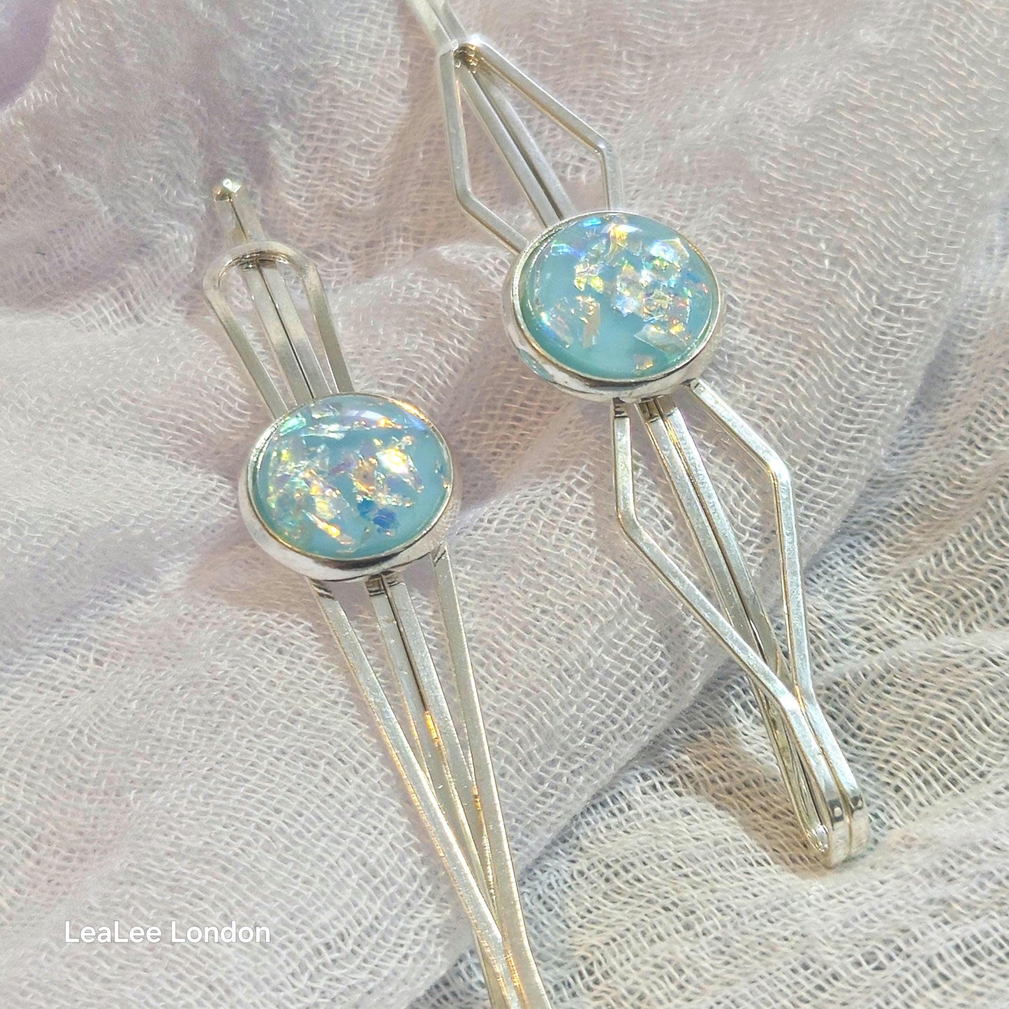 Black Bobby Pin Set of 2, Handmade Iridescent Cabochon Hair Accessory, Minimal Hair Accessory