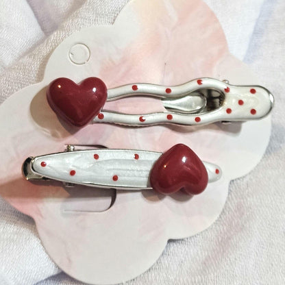 Red Polka Dot Heart Hair Clips: Silver Snap Clip Set
