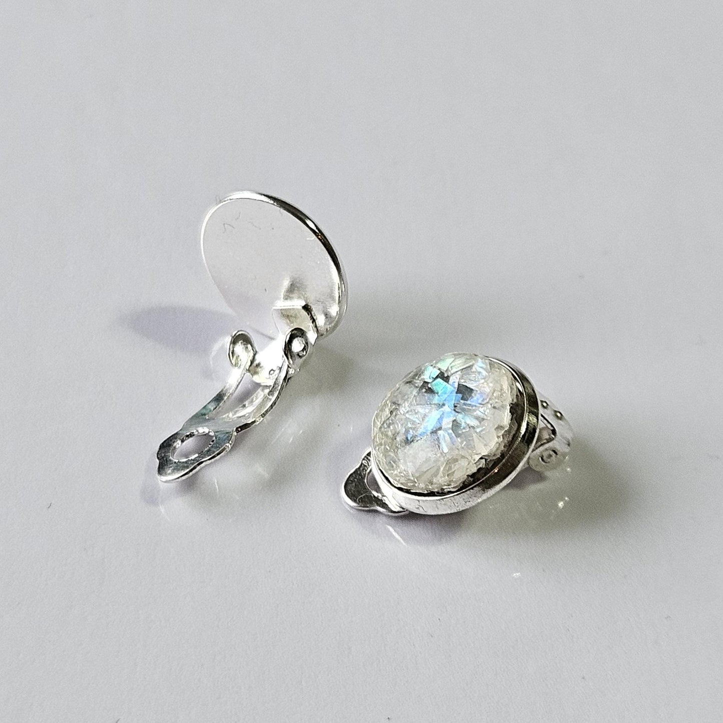 Iridescent Cabochon Clip-On Earrings – 12mm | Non-Pierced | Silver Tone
