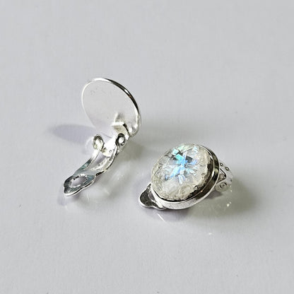 Iridescent Cabochon Clip-On Earrings – 12mm | Non-Pierced | Silver Tone