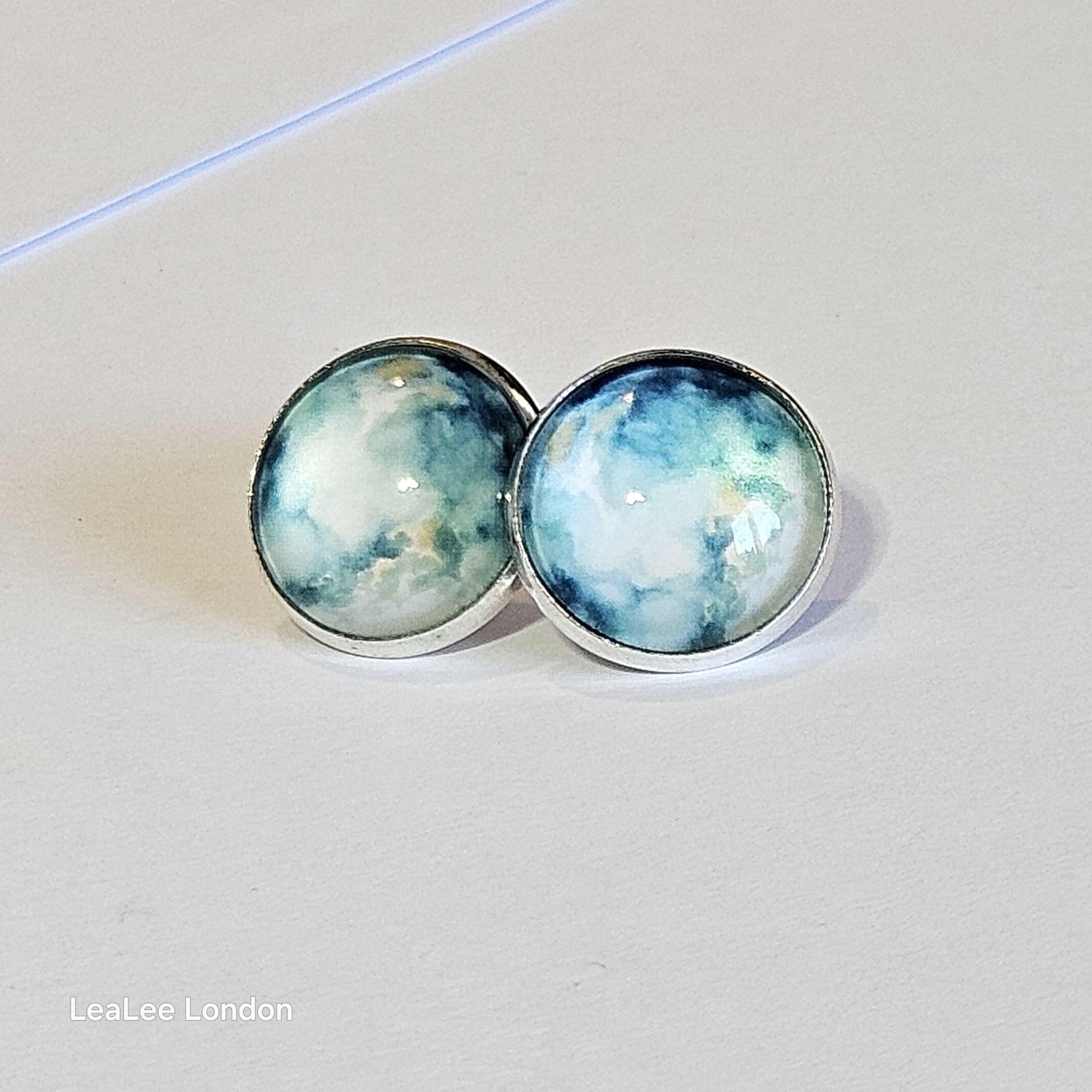 Blue Watercolor Clip On Earrings: Silver Tone, Non Pierced