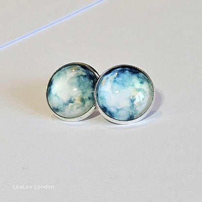 Blue Watercolor Clip On Earrings: Silver Tone, Non Pierced