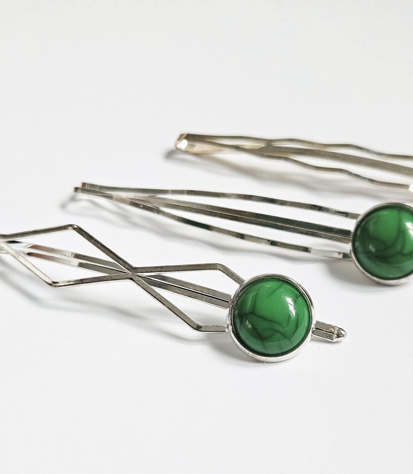 Dark Green Cabochon Bobby Pins: Silver Hair Slides, Women's Hair Accessories